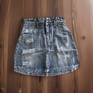 Hayden LA Denim S Jean Skirt Distressed Fray Hem Ruffle Waist Med Wash Boho NWT